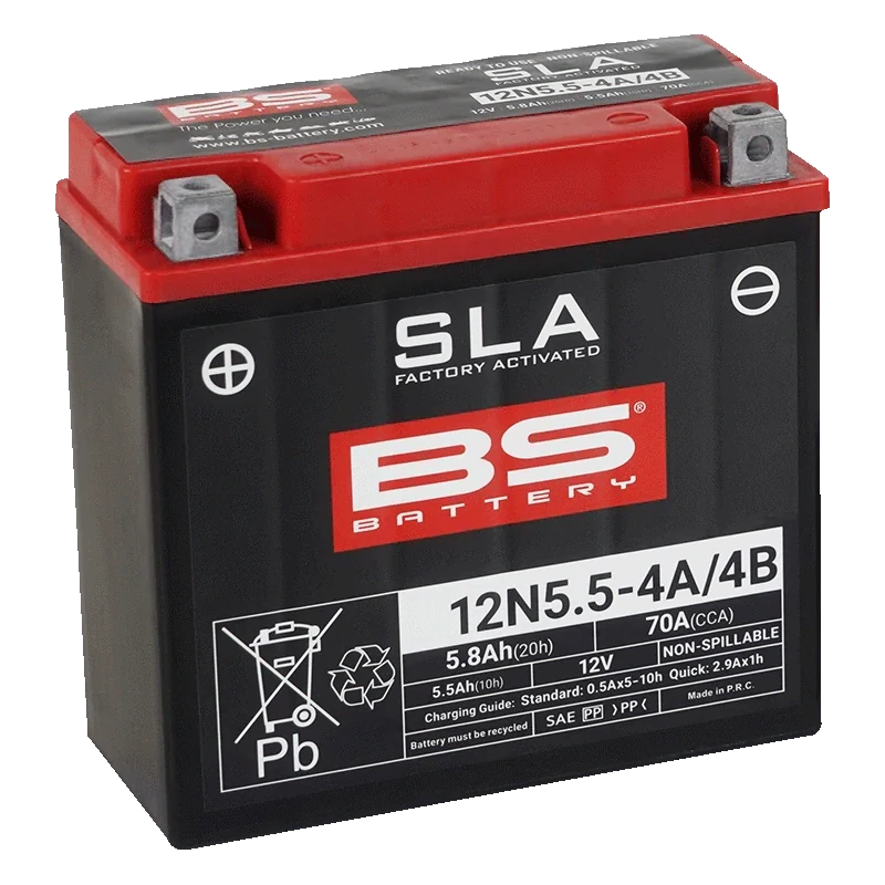 BS-BATTERY 12N5.5-4A/4B 12V 5Ah 70A (12N5.5-4A, 12N5.5-4B) 135x60x130mm L+ AGM bezúdržbová motobaterie