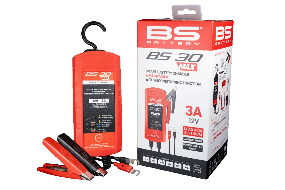 BS-BATTERY Nabíječka akumulátorů SMART BS30MAX (vhodné i pro lithium) 12V 3A (BS 30 MAX – Nabíječka 12V s funkcí oživení a údržby baterií)