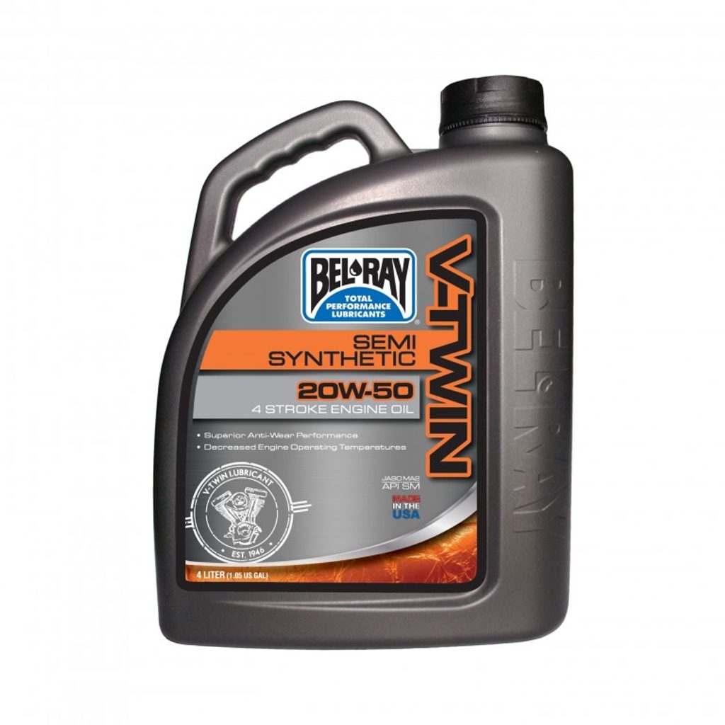 BEL-RAY Motorový olej V-TWIN SEMI SYNTHETIC 20W50 4L (Širokorozsahový polosyntetický olej pro čtyřdobé motory motocyklů, speciálně vyvinutý)