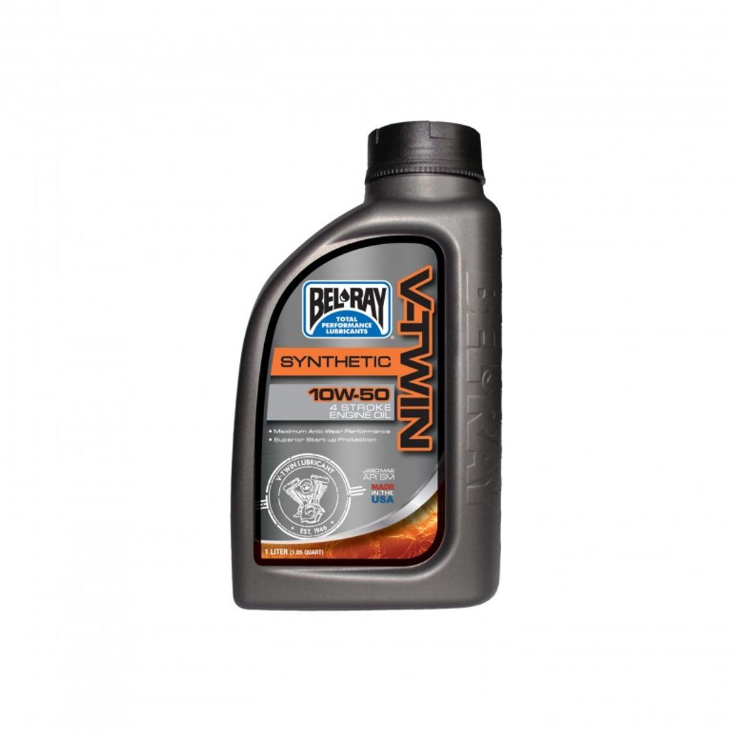 BEL-RAY Motorový olej V-TWIN SYNTHETIC 10W-50 955 ml (Širokorozsahový polosyntetický olej pro čtyřtaktní motory motocyklů, speciálně vyvinutý)