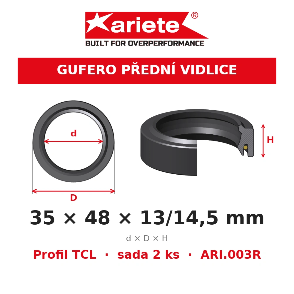 ARIETE Gufera předních vidlic 35x48x13/14,5 mm TCL ARI.003R – rozměry