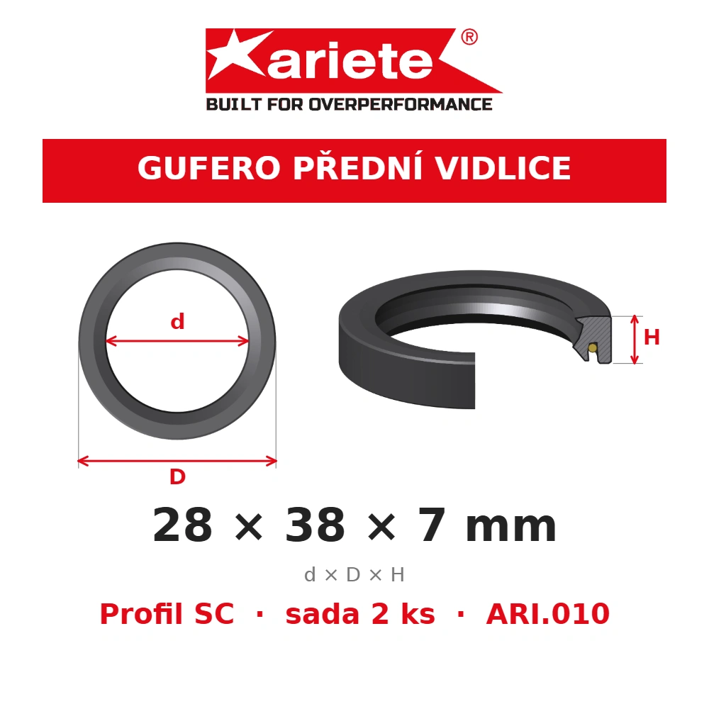 ARIETE Gufera předních vidlic 28x38x7 mm SC ARI.010 – rozměry
