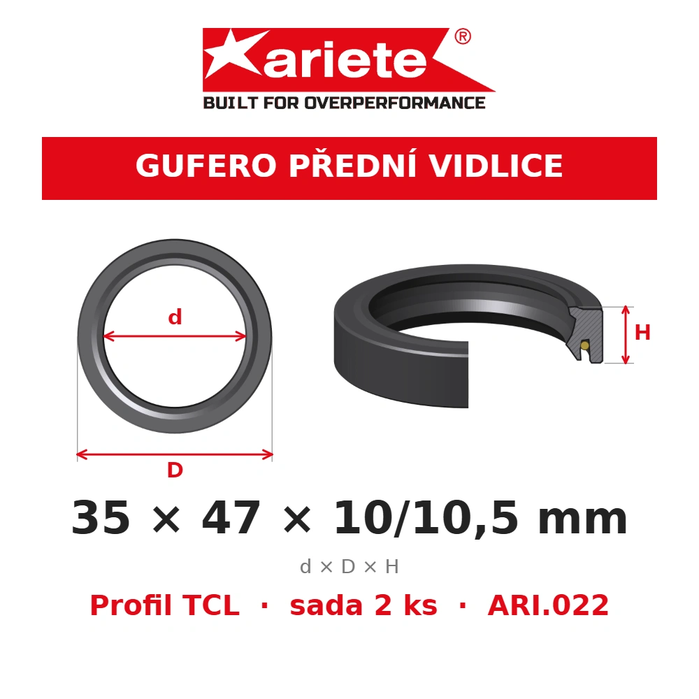 ARIETE Gufera předních vidlic 35x47x10/10,5 mm TCL ARI.022 – rozměry