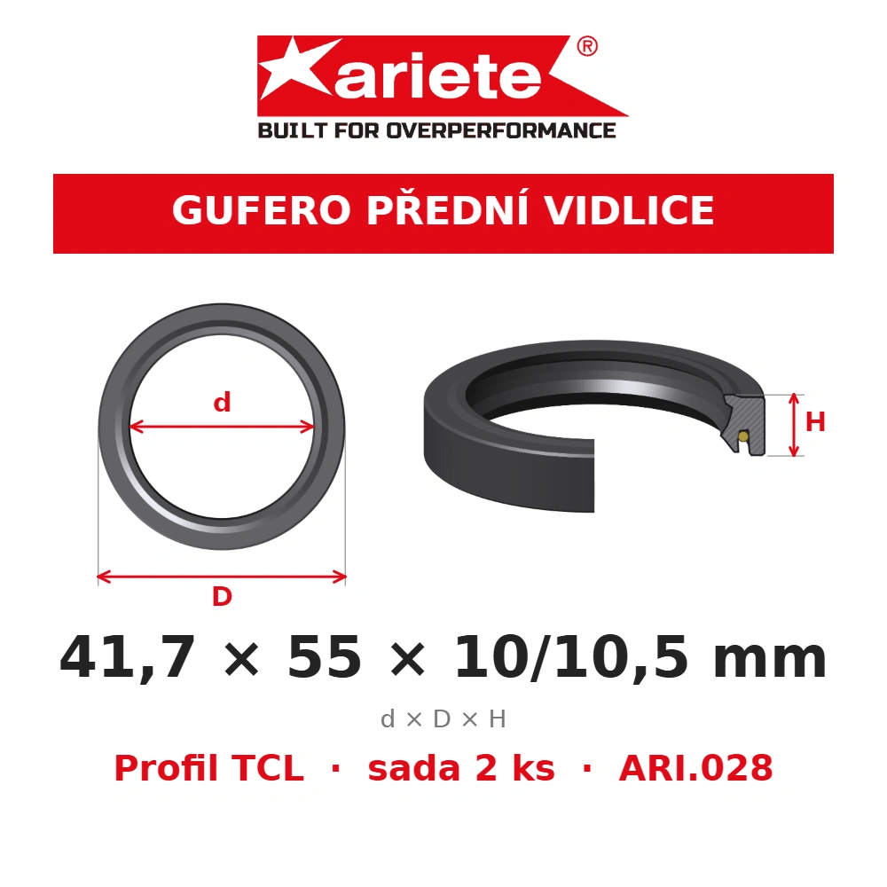 ARIETE Gufera předních vidlic 41,7x55x10/10,5 mm TCL ARI.028 – rozměry