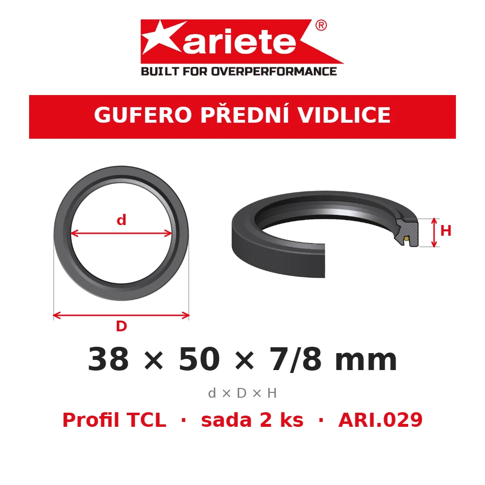 ARIETE Gufera předních vidlic 38x50x7/8 mm TCL ARI.029 – rozměry