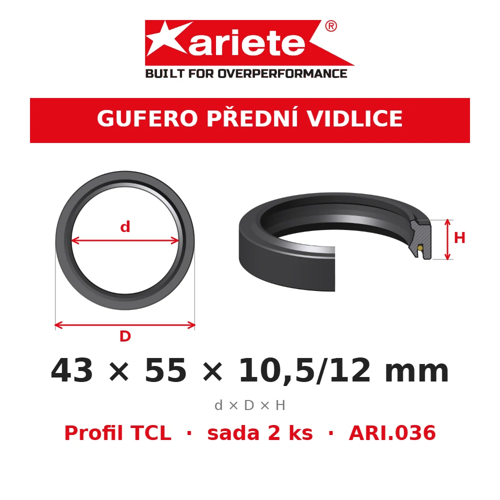 ARIETE Gufera předních vidlic 43x55x10,5/12 mm TCL ARI.036 – rozměry