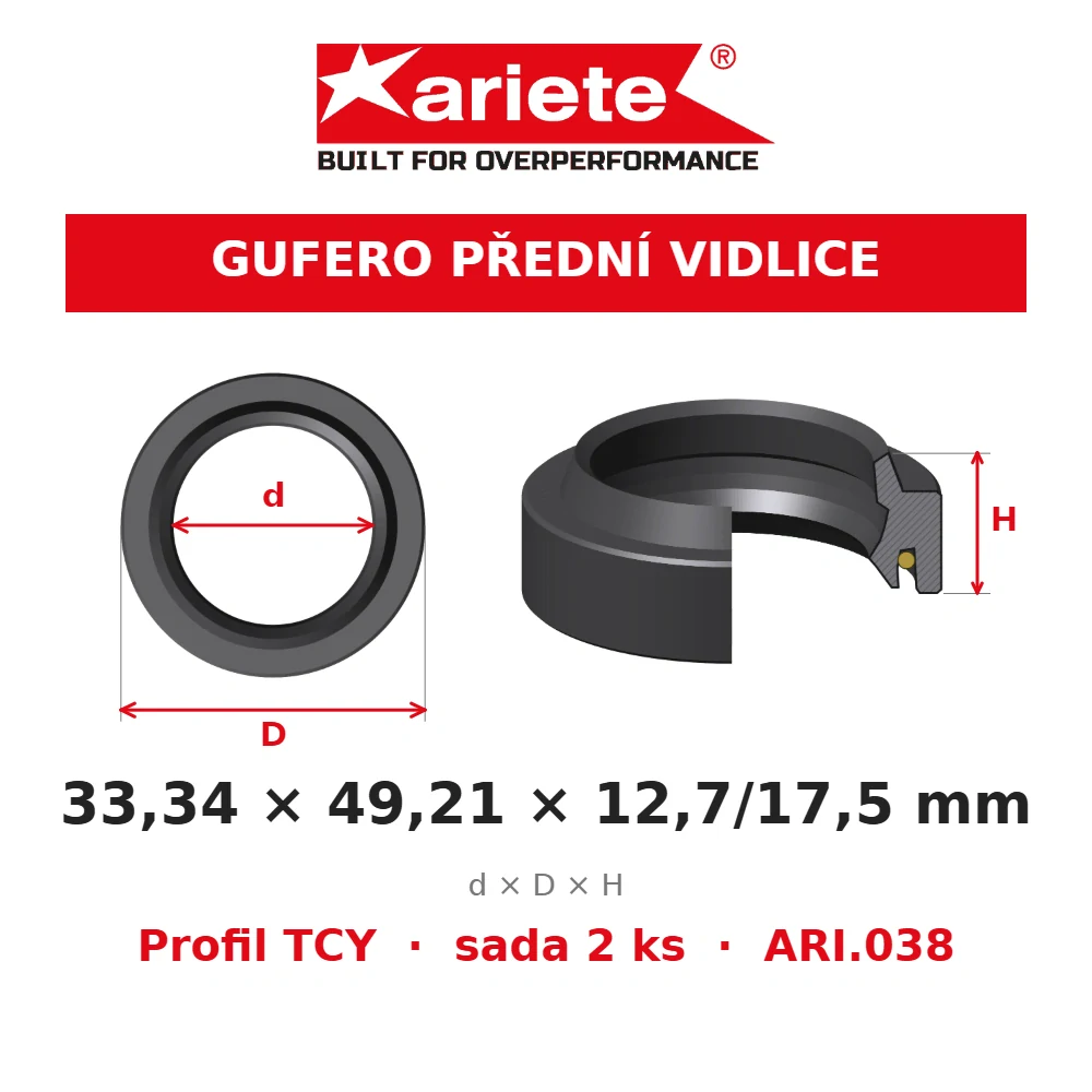 ARIETE Gufera předních vidlic 33,34x49,21x12,7/17,5 mm TCY ARI.038 – rozměry