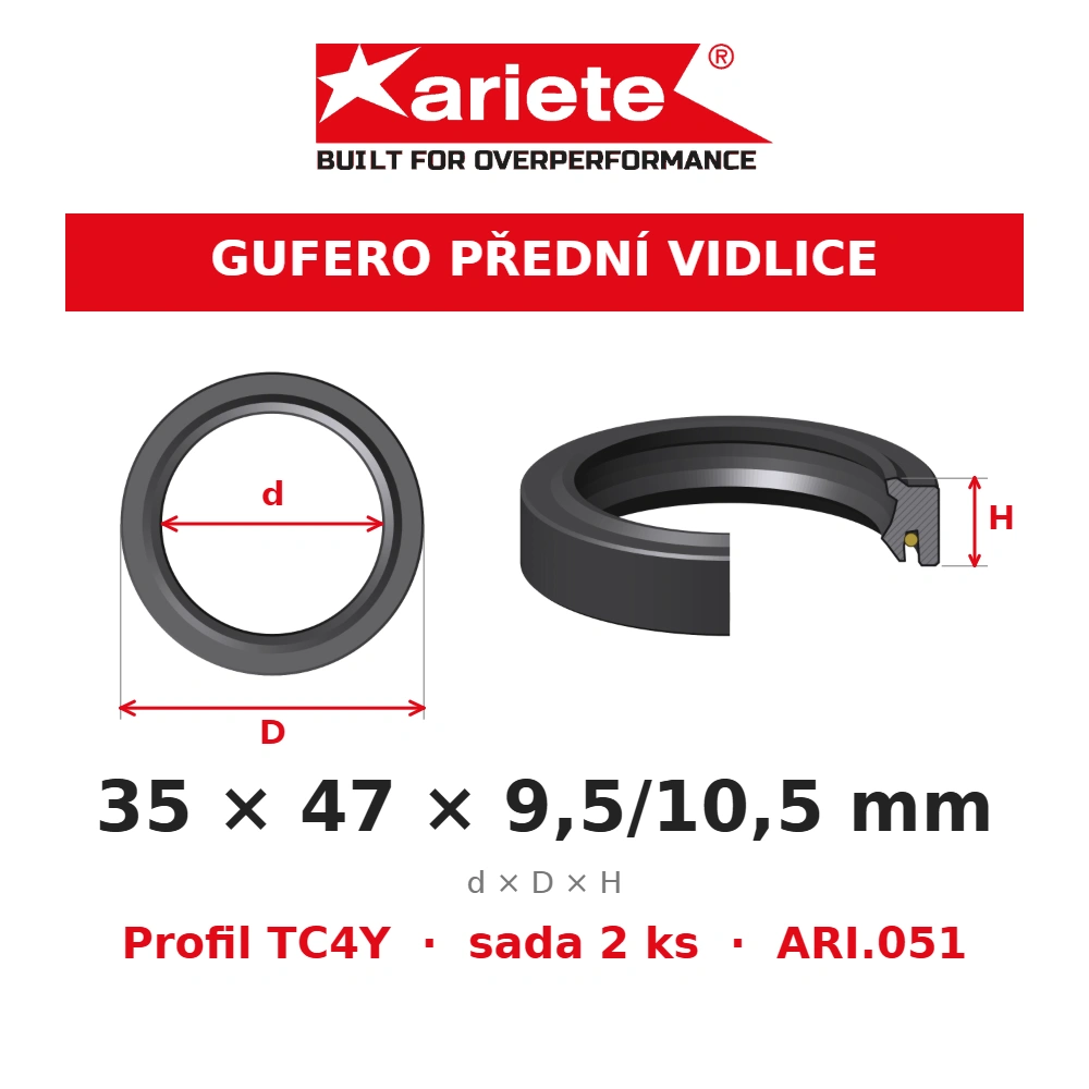 ARIETE Gufera předních vidlic 35x47x9,5/10,5 mm TC4Y ARI.051 – rozměry