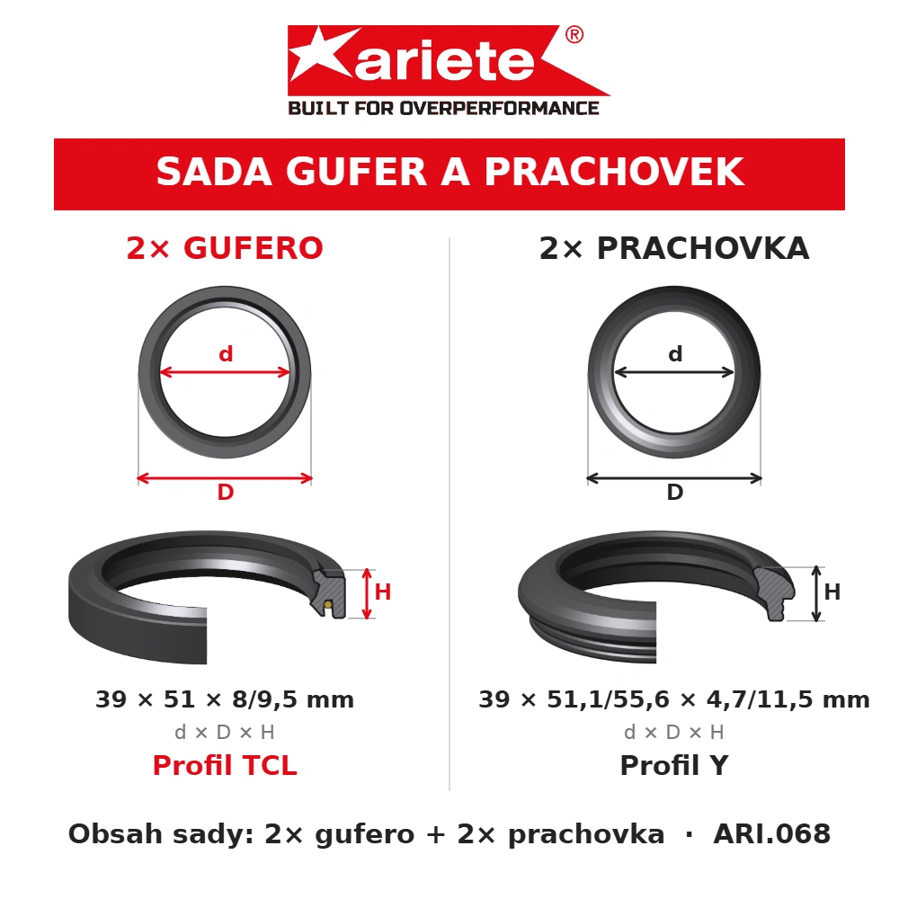 ARIETE Gufera a prachovky předních vidlic 39x51x8/9,5 mm TCL + 39x51,1/55,6x4,7/11,5 mm Y ARI.068 – rozměry