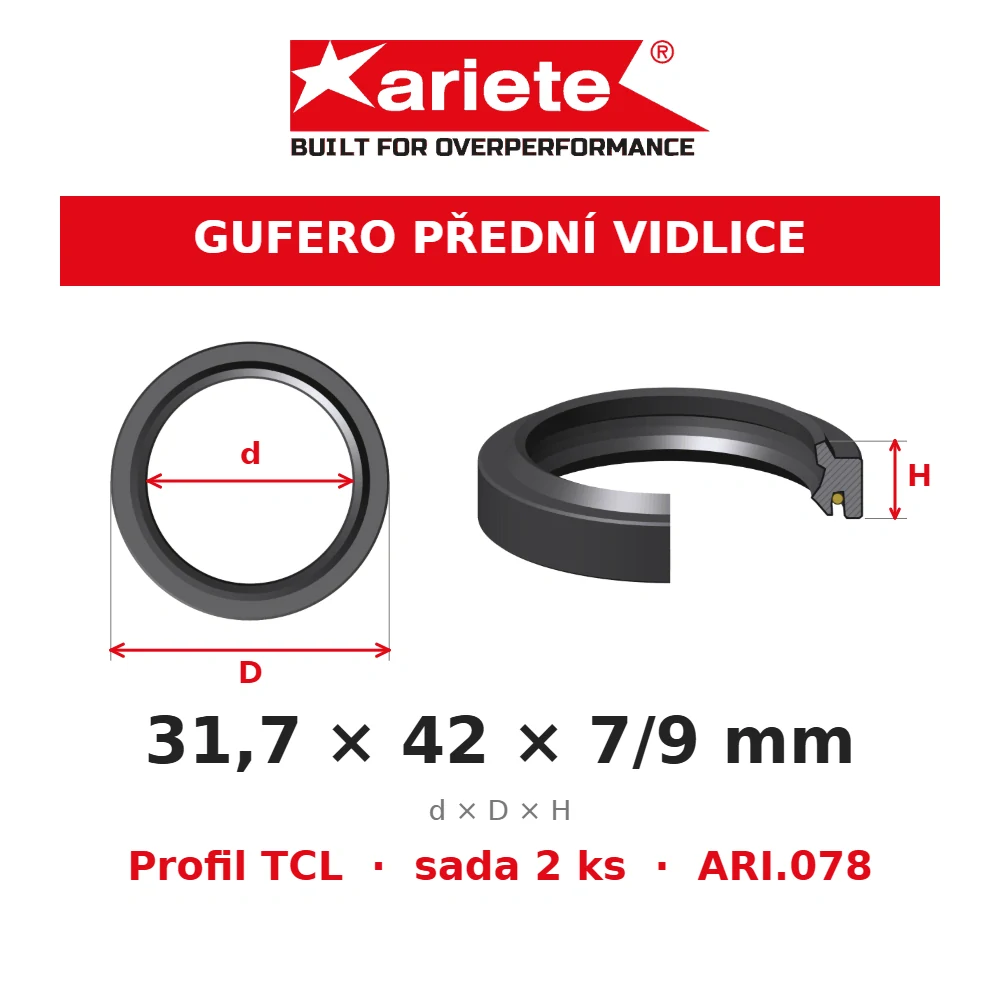 ARIETE Gufera předních vidlic 31,7x42x7/9 mm TCL ARI.078 – rozměry
