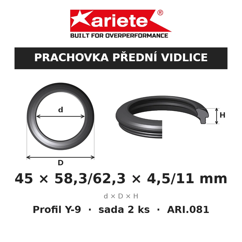 ARIETE Prachovky předních vidlic 45x58,3/62,3x4,5/11 mm Y-9 ARI.081 – rozměry