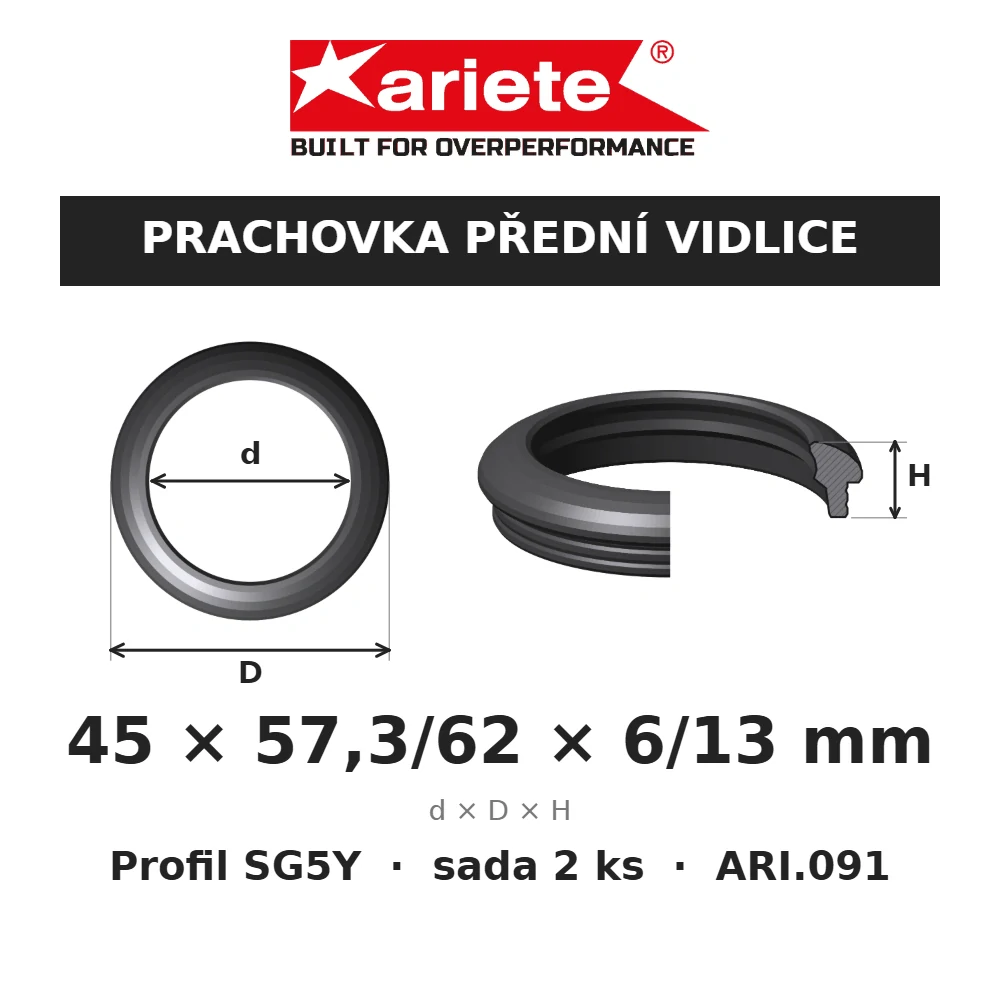 ARIETE Prachovky předních vidlic 45x57,3/62x6/13 mm SG5Y ARI.091 – rozměry