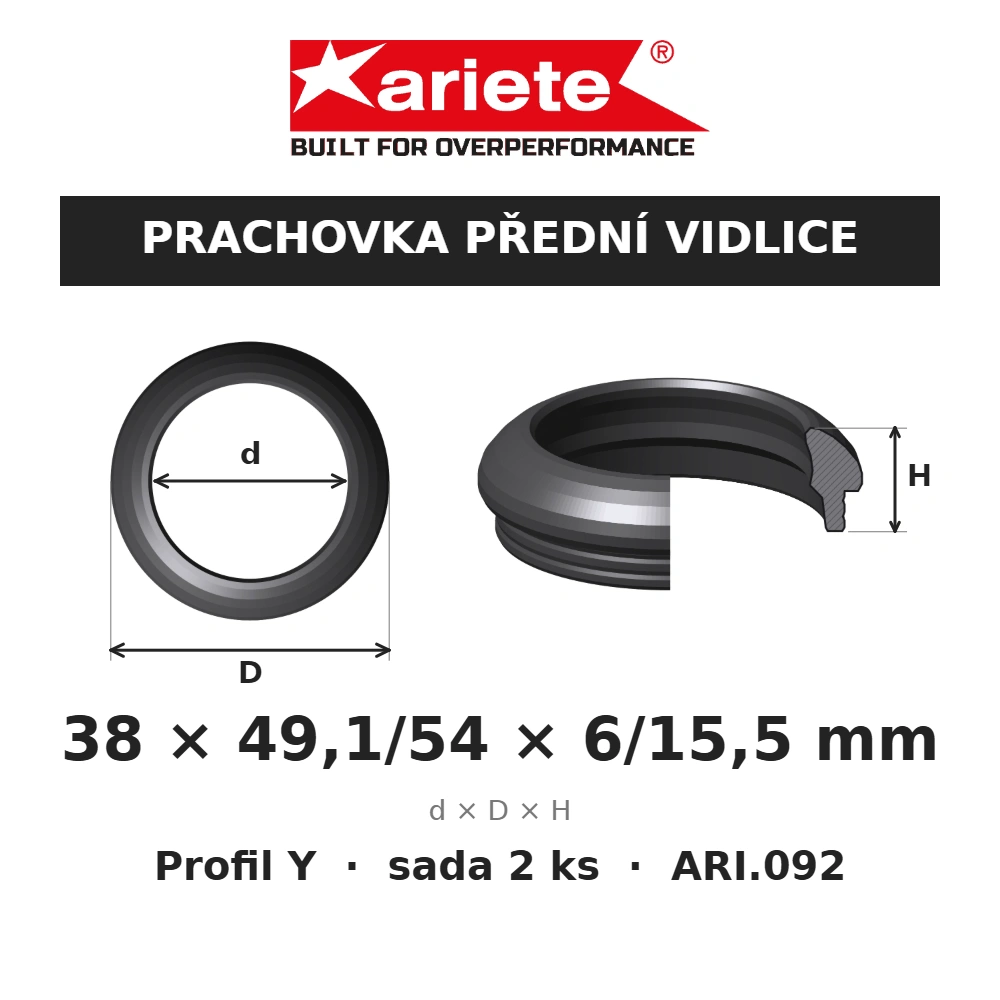 ARIETE Prachovky předních vidlic 38x49,1/54x6/15,5 mm Y ARI.092 – rozměry