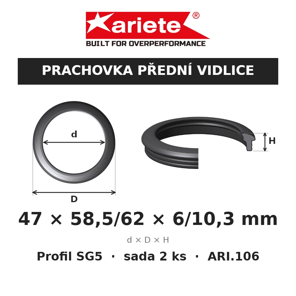 ARIETE Prachovky předních vidlic 47x58,5/62x6/10,3 mm SG5 ARI.106 – rozměry
