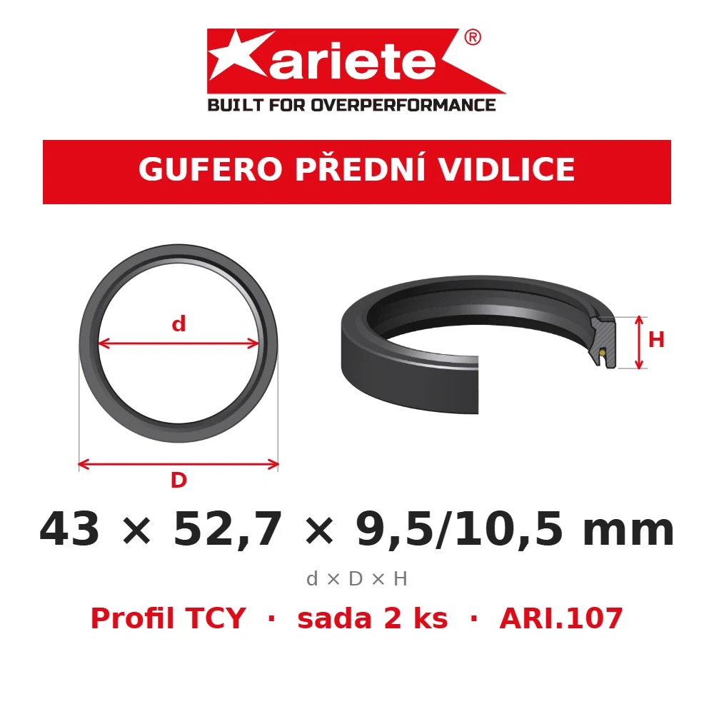 ARIETE Gufera předních vidlic 43x52,7x9,5/10,5 mm TCY ARI.107 – rozměry