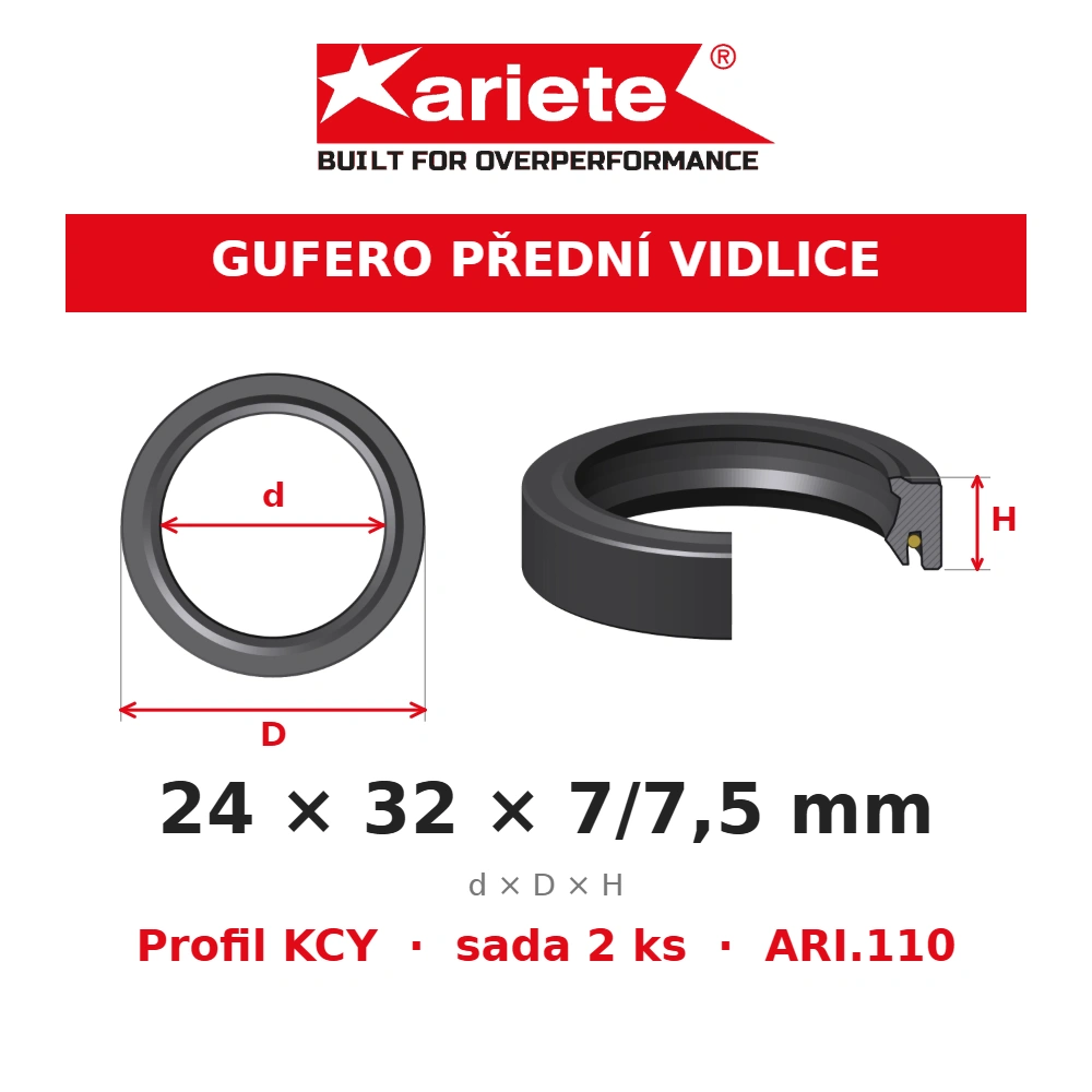 ARIETE Gufera předních vidlic 24x32x7/7,5 mm KCY ARI.110 – rozměry