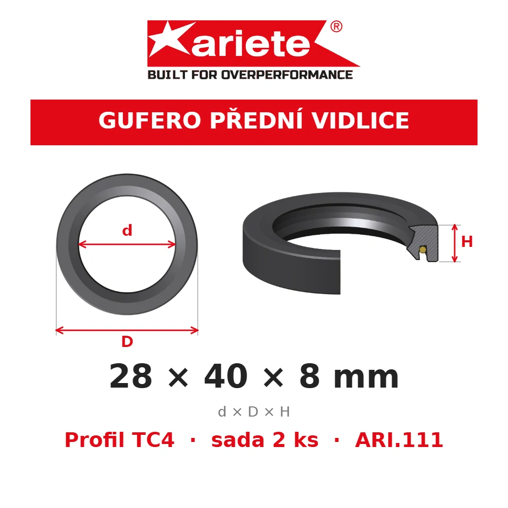 ARIETE Gufera předních vidlic 28x40x8 mm TC4 ARI.111 – rozměry