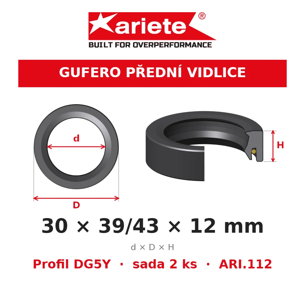 ARIETE Gufera předních vidlic 30x39/43x12 mm DG5Y ARI.112 – rozměry