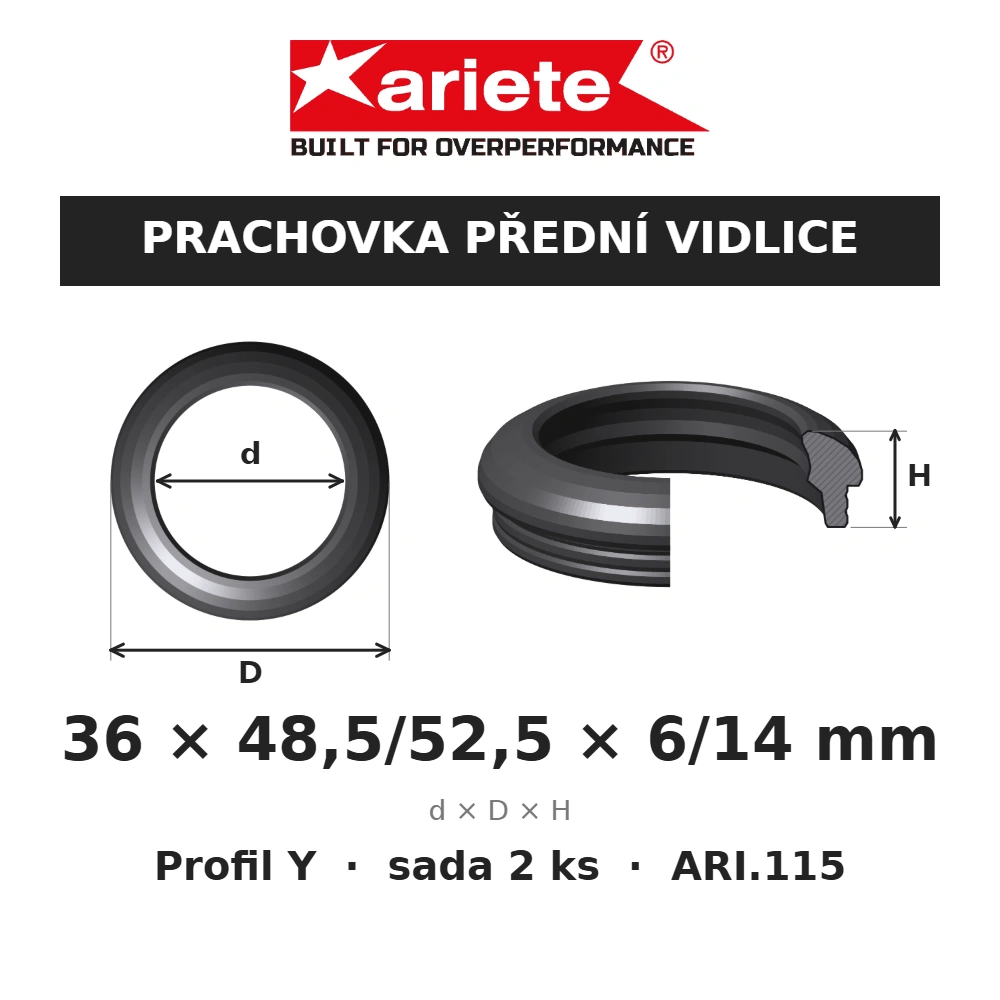 ARIETE Prachovky předních vidlic 36x48,5/52,5x6/14 mm Y ARI.115 – rozměry