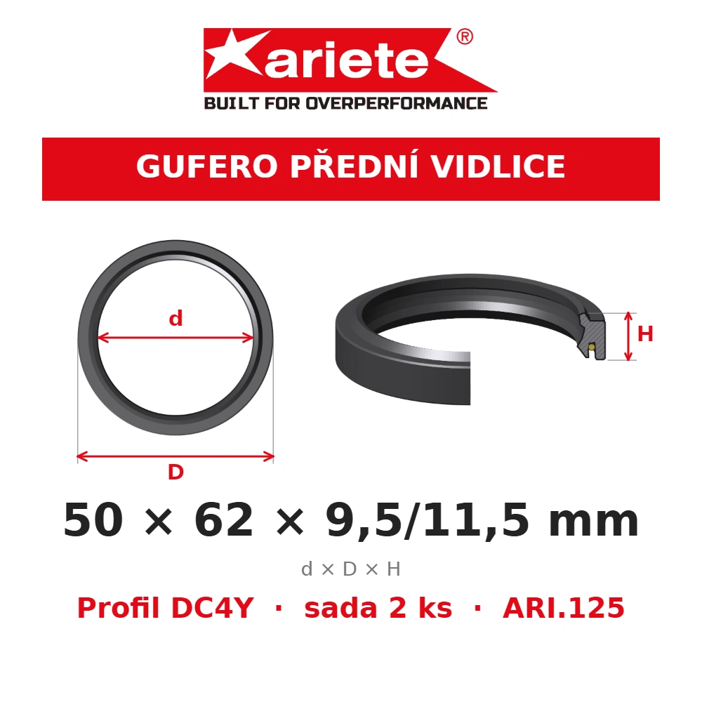 ARIETE Gufera předních vidlic 50x62x9,5/11,5 mm DC4Y ARI.125 – rozměry