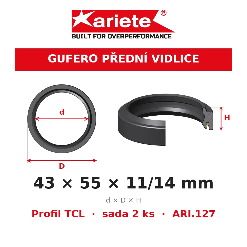 ARIETE Gufera předních vidlic 43x55x11/14 mm TCL ARI.127 – rozměry