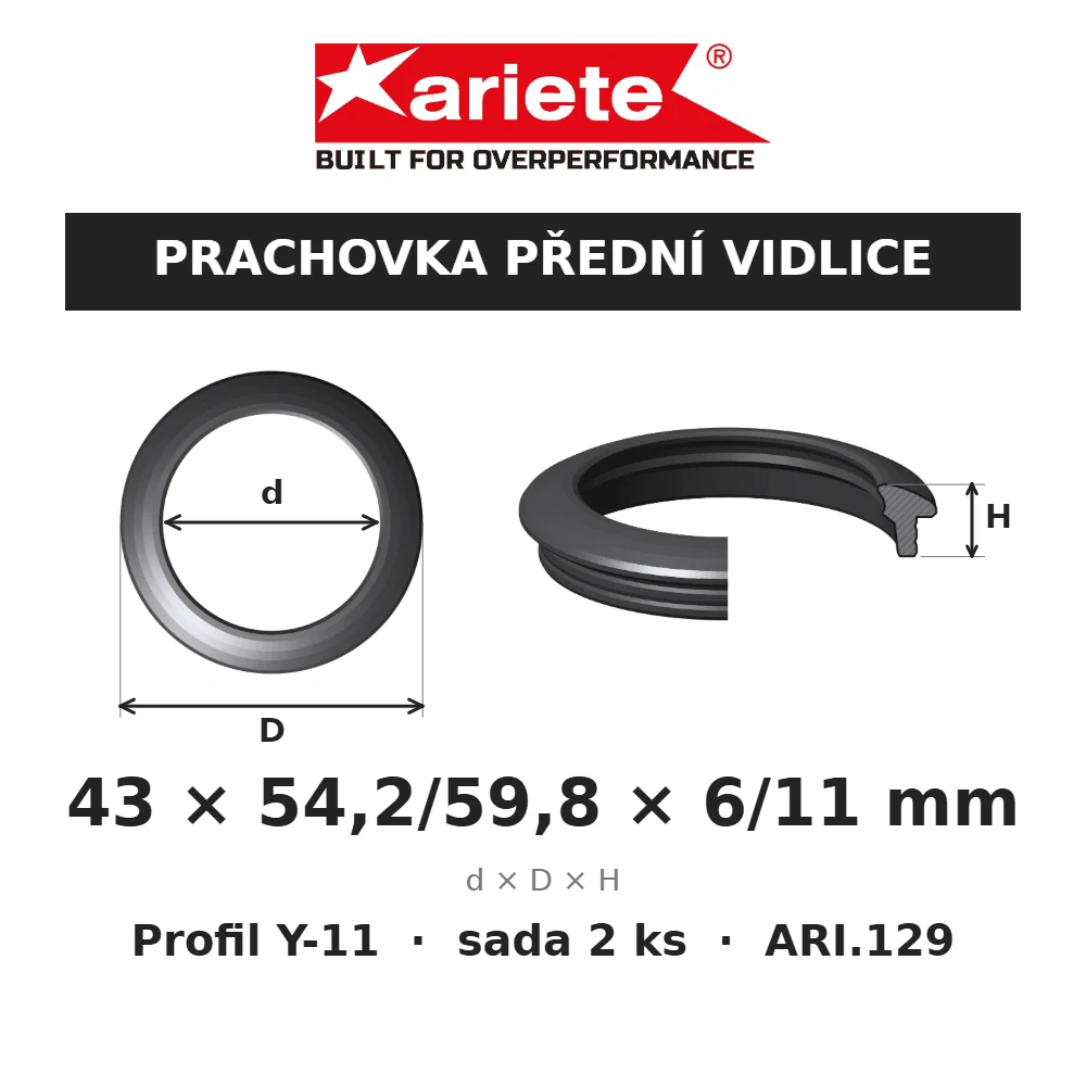 ARIETE Prachovky předních vidlic 43x54,2/59,8x6/11 mm Y-11 ARI.129 – rozměry