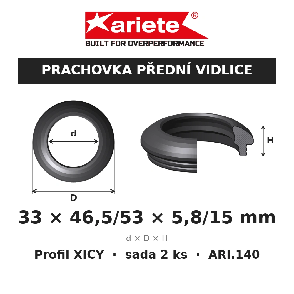 ARIETE Prachovky předních vidlic 33x46,5/53x5,8/15 mm XICY ARI.140 – rozměry