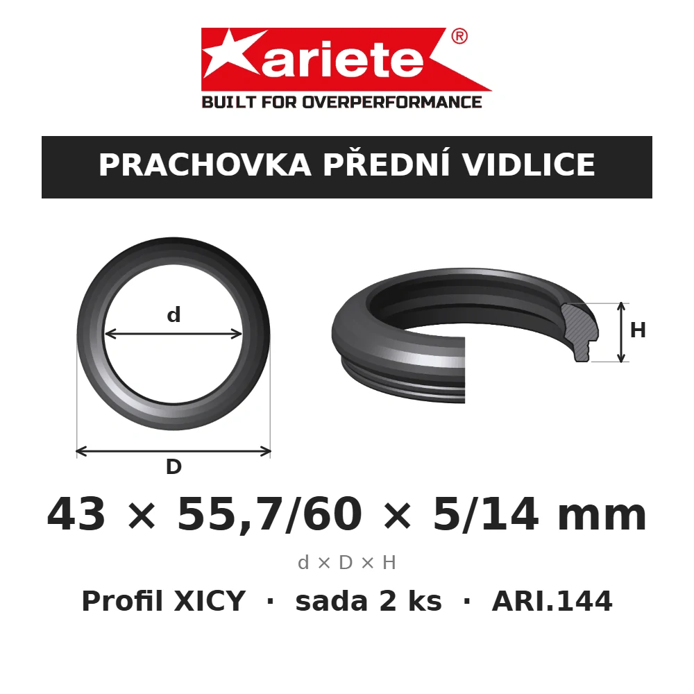 ARIETE Prachovky předních vidlic 43x55,7/60x5/14 mm XICY ARI.144 – rozměry