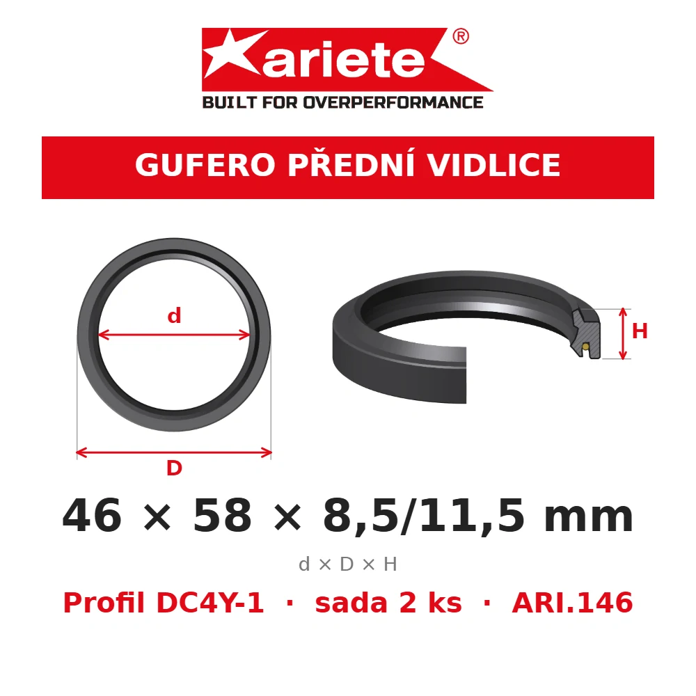ARIETE Gufera předních vidlic 46x58x8,5/11,5 mm DC4Y-1 ARI.146 – rozměry