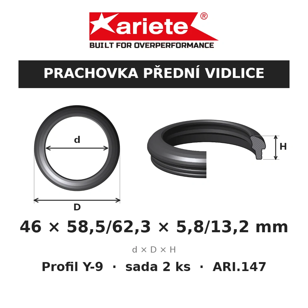 ARIETE Prachovky předních vidlic 46x58,5/62,3x5,8/13,2 mm Y-9 ARI.147 – rozměry