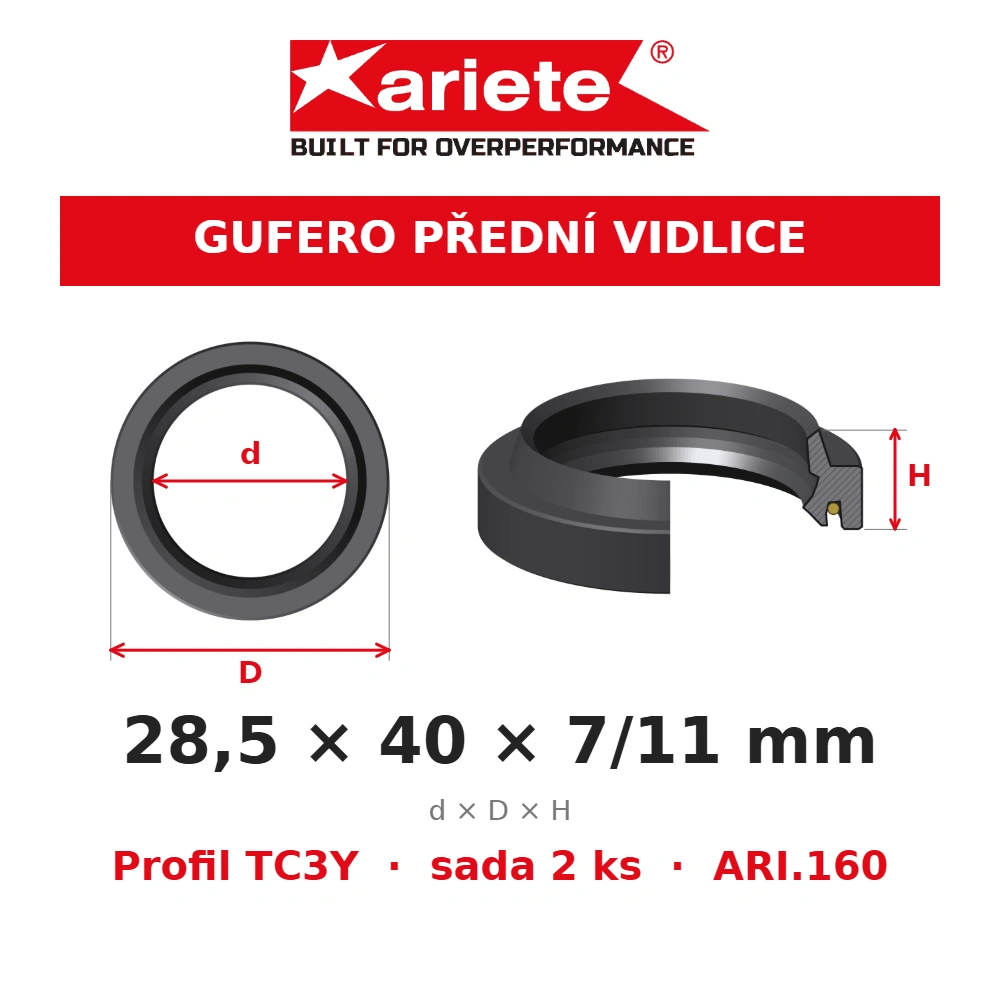 ARIETE Gufera předních vidlic 28,5x40x7/11 mm TC3Y ARI.160 – rozměry