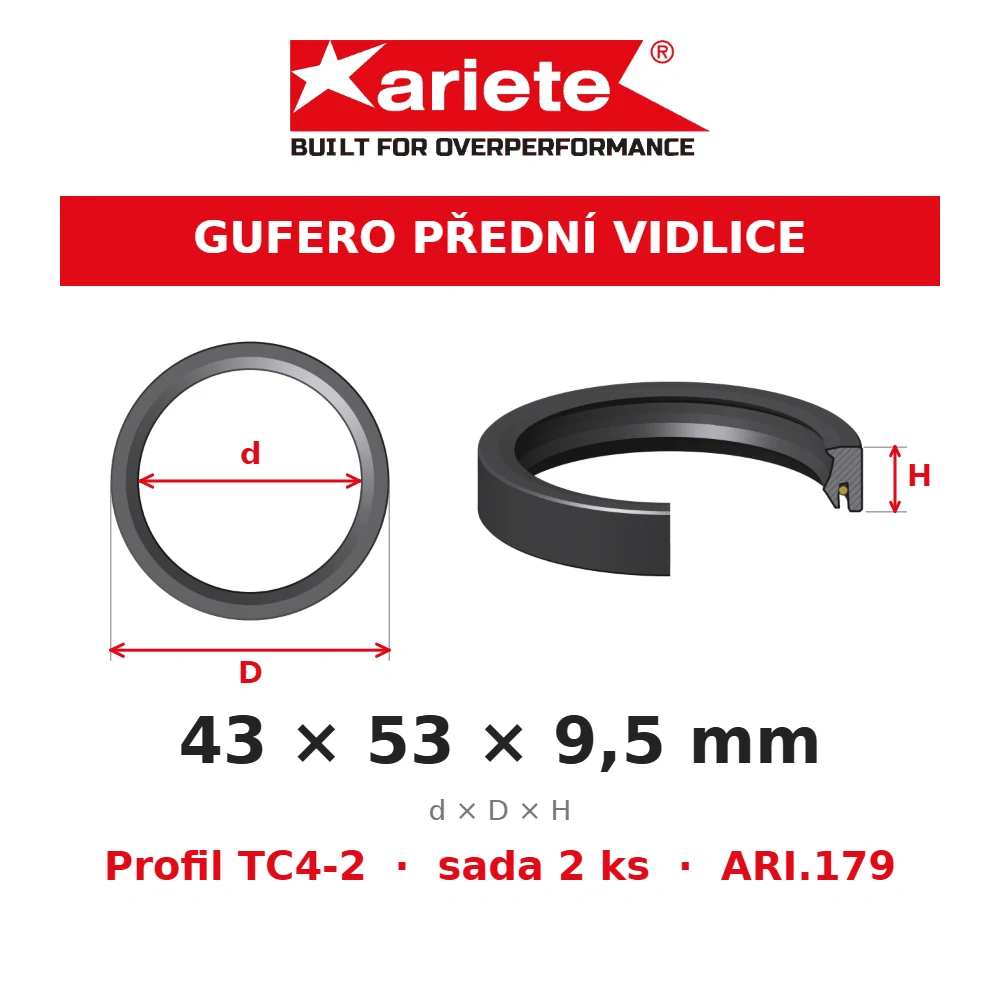 ARIETE Gufera předních vidlic 43x53x9,5 mm TC4-2 ARI.179 – rozměry