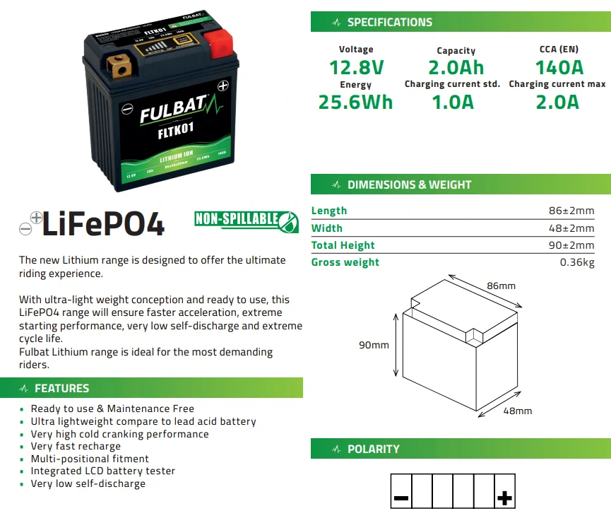 FULBAT FLTK01 12V 2Ah 140A P+ LiFePO4 lithiová motobaterie
