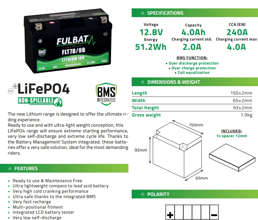 FULBAT FLT7B/9B 12V 4Ah 240A L+ LiFePO4 lithiová motobaterie