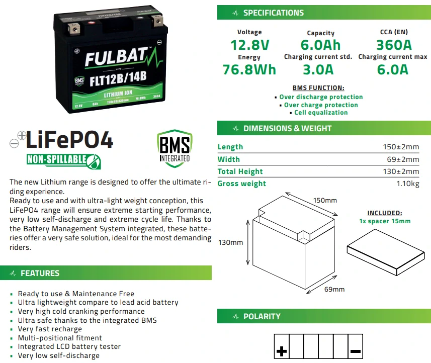 FULBAT FLT12B/14B 12V 6Ah 360A L+ LiFePO4 lithiová motobaterie