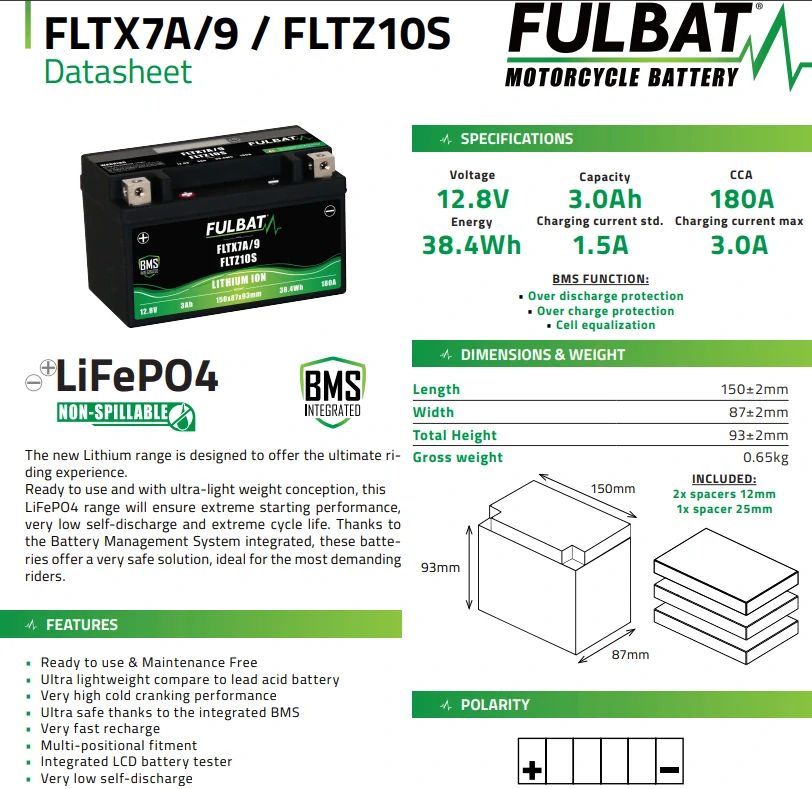 FULBAT FLTX7A/9-FLTZ10S 12V 3Ah 180A L+ LiFePO4 lithiová motobaterie