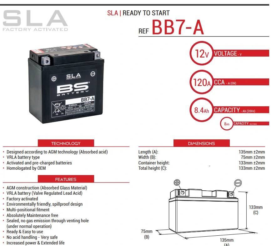 BS-BATTERY BB7-A 12V 8Ah 120A (YB7-A) 135x75x133mm L+ AGM bezúdržbová motobaterie