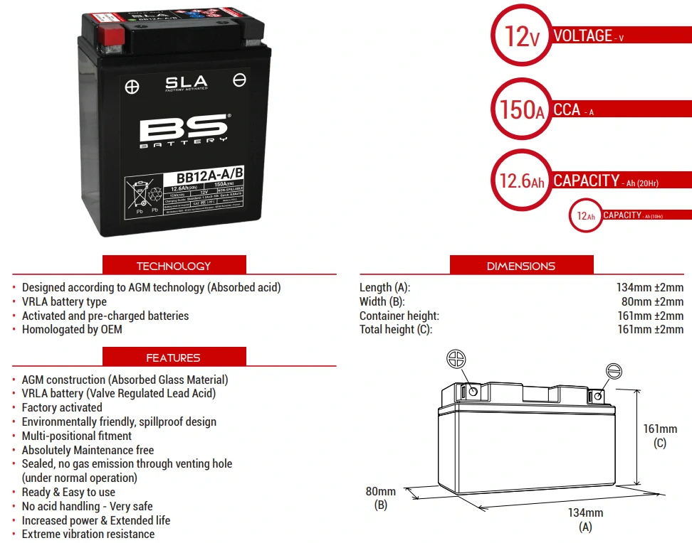 BS-BATTERY BB12A-A/B 12V 12Ah 150A (YB12A-A, YB12A-B) 134x80x161mm L+ AGM bezúdržbová motobaterie