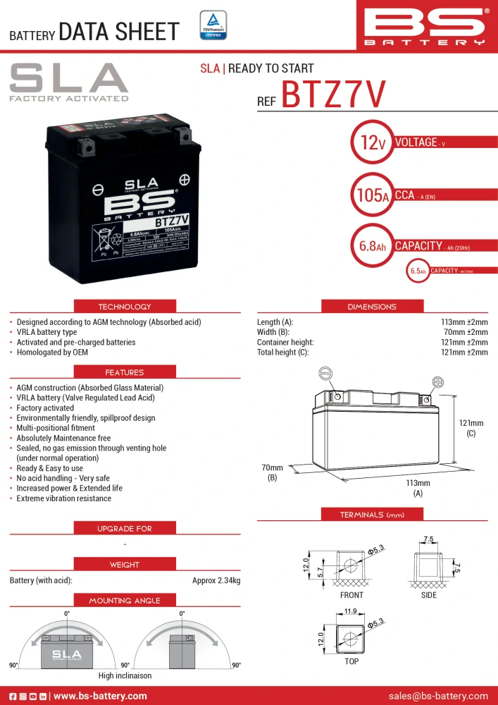 BS-BATTERY BTZ7V 12V 6,5Ah 105A (YTZ7V) 113x70x121mm P+ AGM bezúdržbová motobaterie