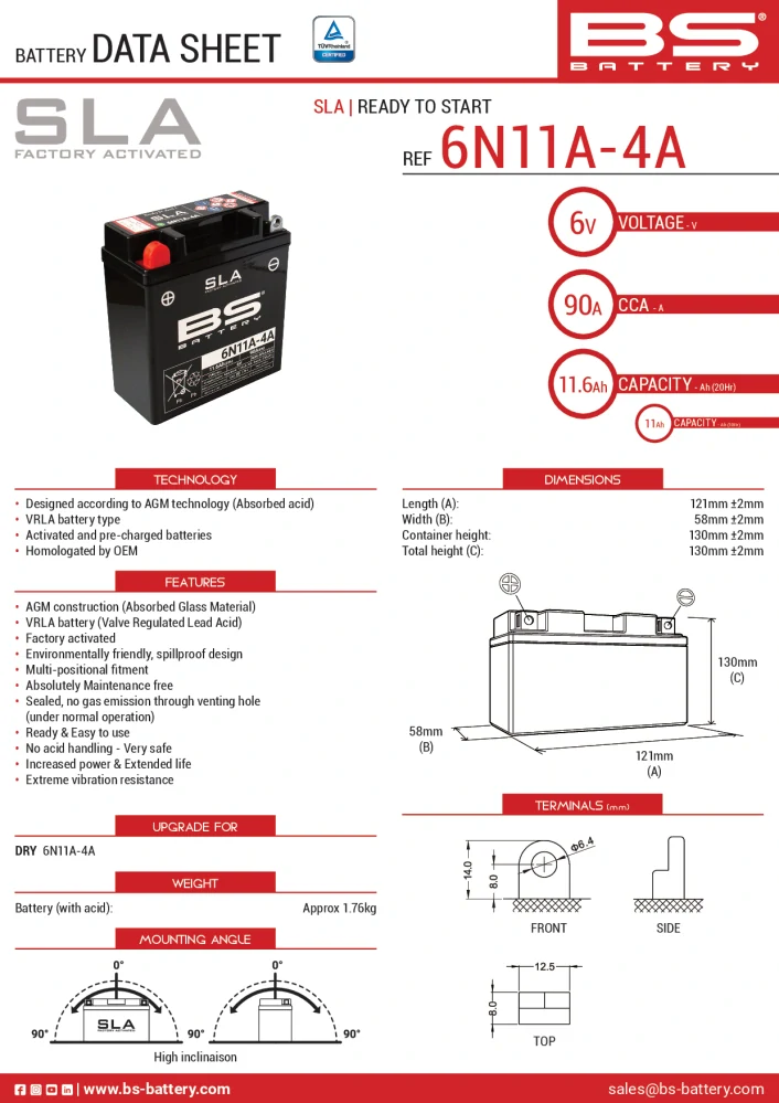 BS-BATTERY 6N11A-4A 6V 11Ah 90A 121x58x130mm L+ AGM bezúdržbová motobaterie