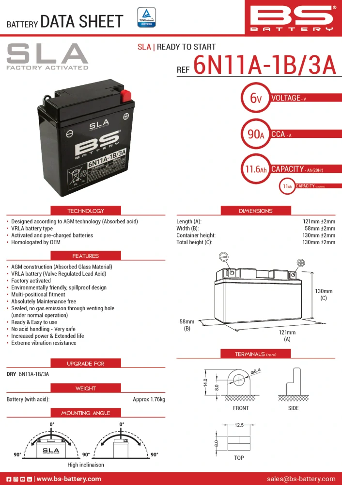 BS-BATTERY 6N11A-1B/3A 6V 11Ah 90A (6N11A-1B, 6N11A-3A) 121x58x130mm P+ AGM bezúdržbová motobaterie