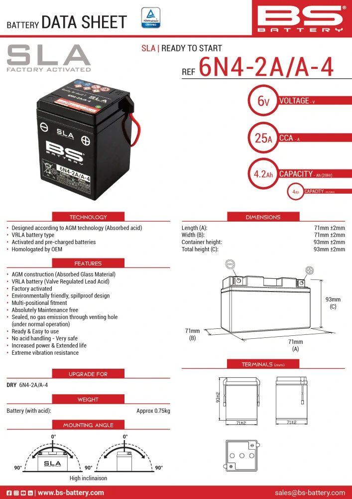 BS-BATTERY 6N4-2A/A-4 6V 4Ah 25A (6N4-2A, 6N4-2A-4) 71x71x93mm P+ AGM bezúdržbová motobaterie