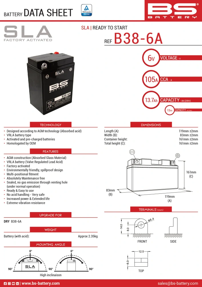 BS-BATTERY B38-6A 6V 13Ah 105A 119x83x161mm P+ AGM bezúdržbová motobaterie