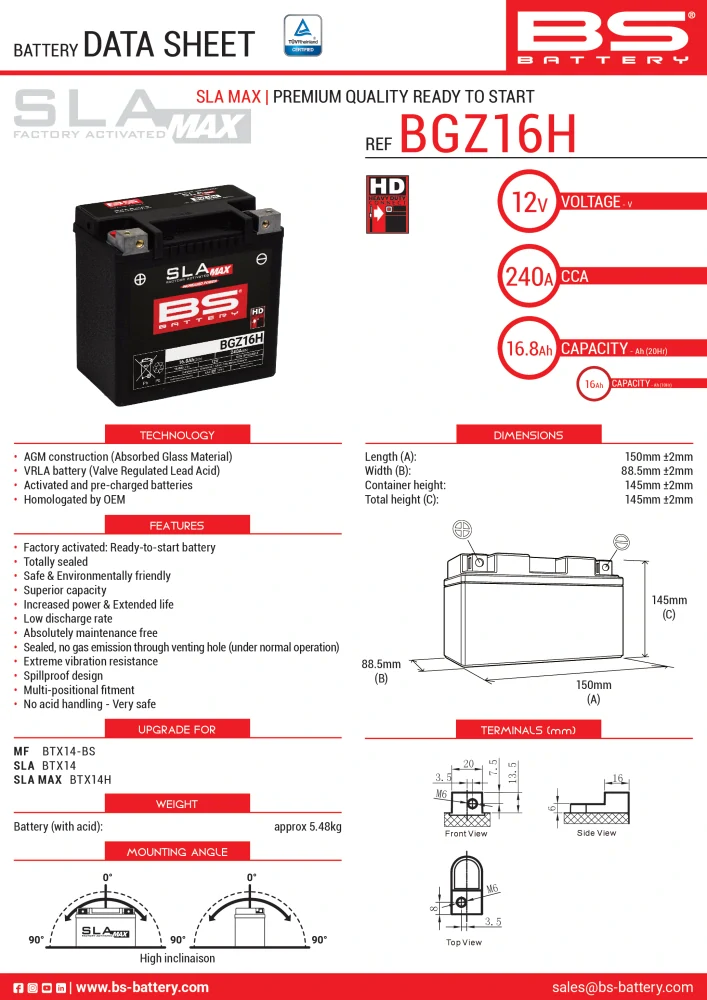 BS-BATTERY BGZ16H 12V 16Ah 240A (GYZ16H) 150x88x145mm L+ AGM bezúdržbová motobaterie