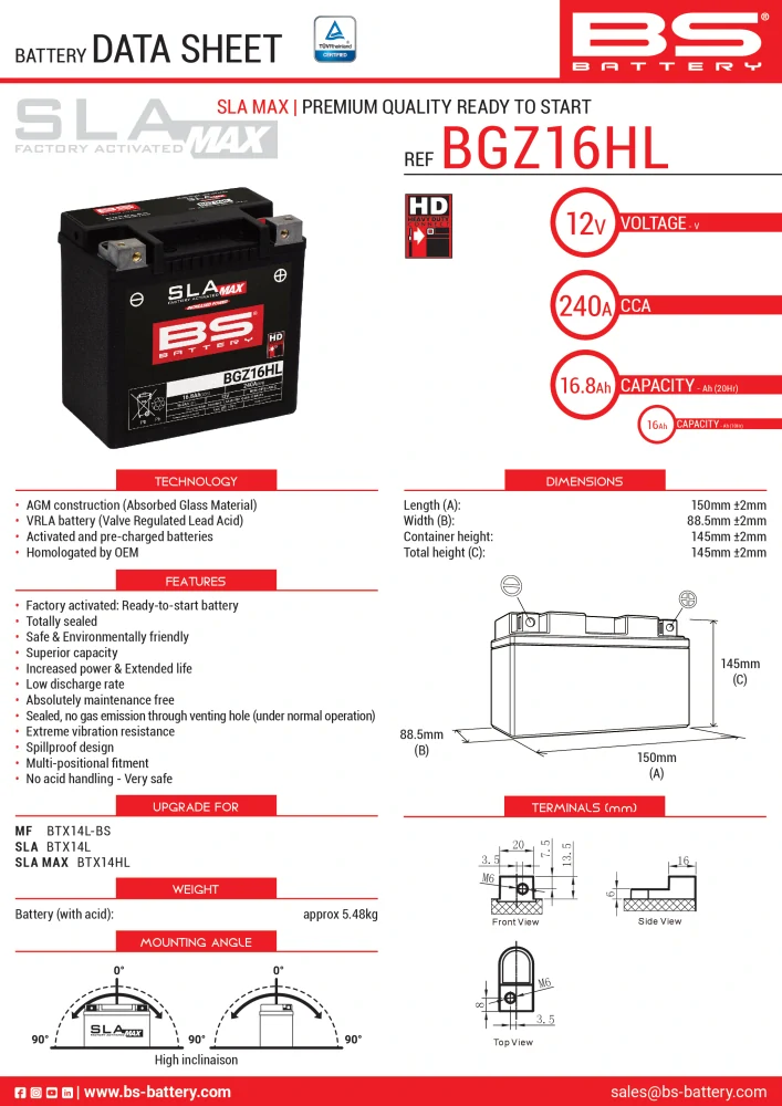 BS-BATTERY BGZ16HL 12V 16Ah 240A (GYZ16HL) 150x88x145mm P+ AGM bezúdržbová motobaterie