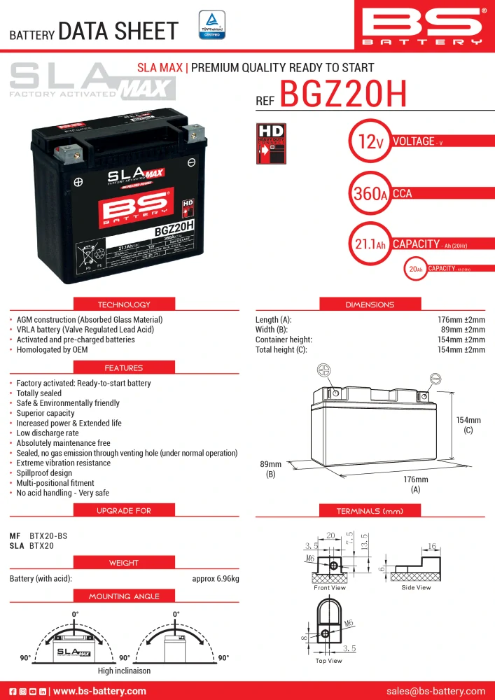 BS-BATTERY BGZ20H 12V 20Ah 360A (GYZ20H) 176x89x154mm L+ AGM bezúdržbová motobaterie