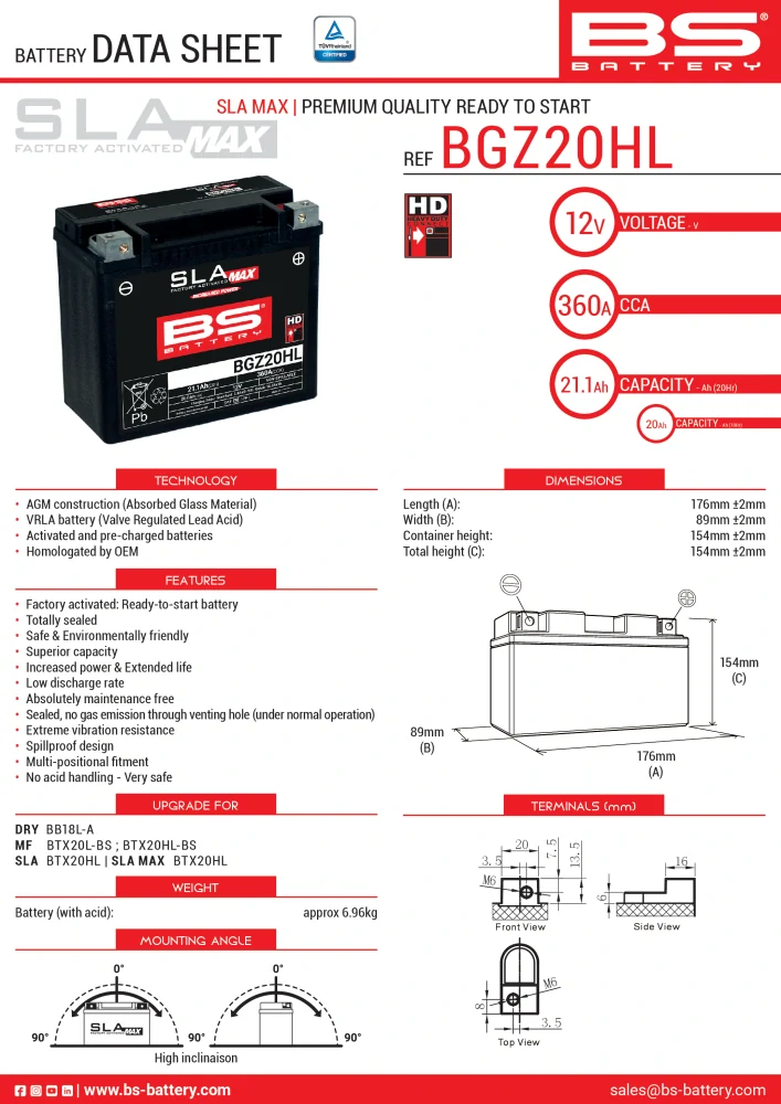 BS-BATTERY BGZ20HL 12V 20Ah 360A 176x89x154mm P+ AGM bezúdržbová motobaterie – 300939